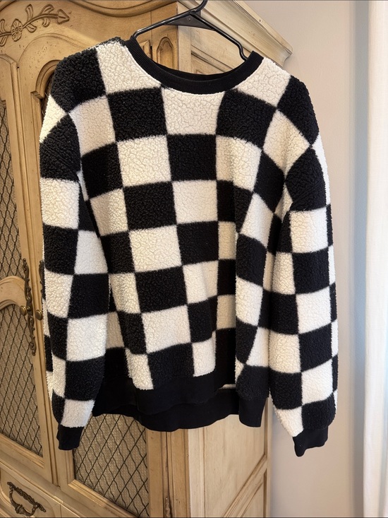 OAK + FORT Sweaters - OAK + FORT Black and White Checkered Sherpa Crewneck Sweater